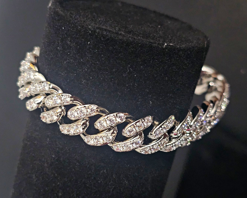 9in. silver stainless steel-13.4mm Cuban Link Bracelet w/pavé cubic zirconias